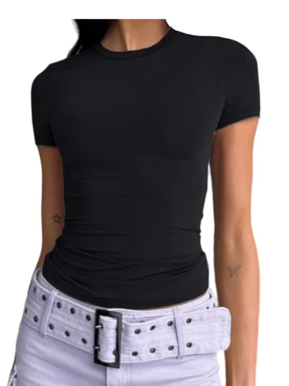 DWNVAL 2-Piece Short Sleeve Tee Crew Neck Slim Fit Crop T Shirts Bundle Size M
